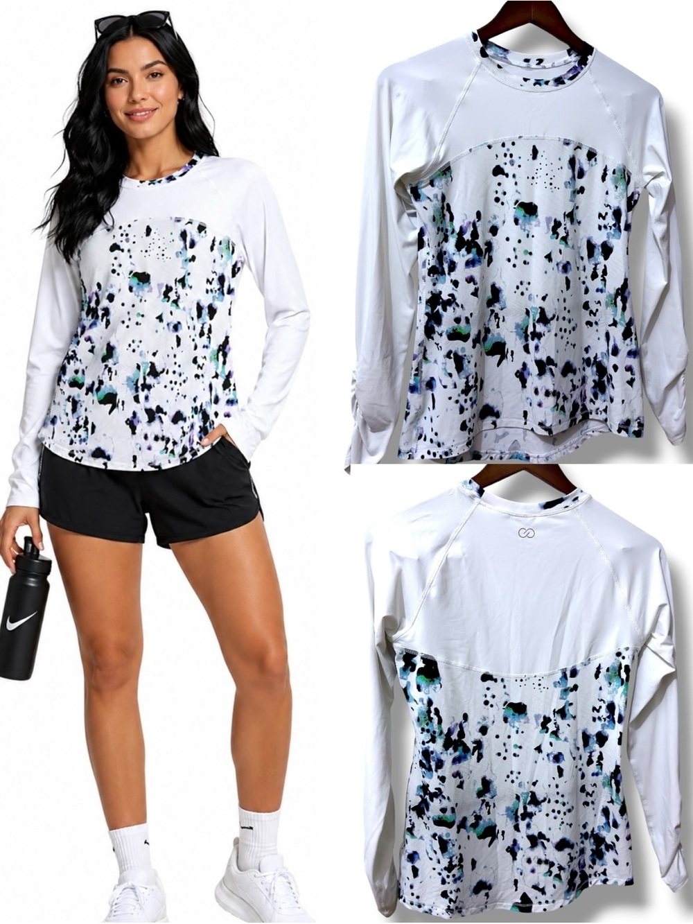 Calia | NWOT White Black Teal Abstract Print Long-Sleeve Athletic Top (size S)